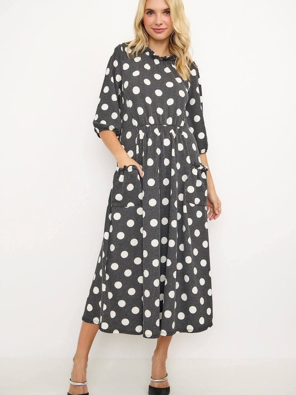 Celeste Black and White Polka Dot Midi Dress